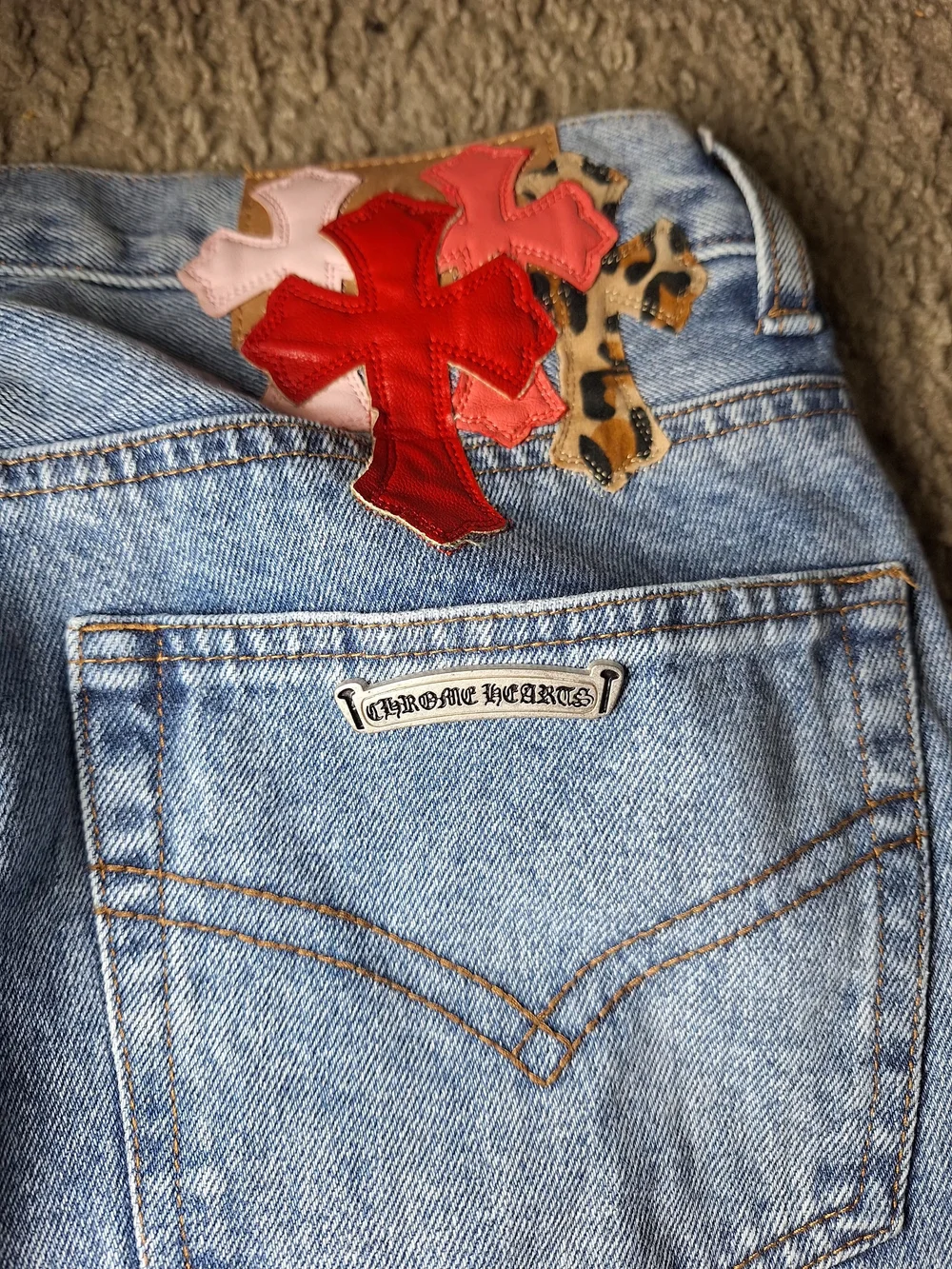 Chrome Hearts Inspired Cross Patch Flared Pink Red Leopard Y2K Denim Jeans 34